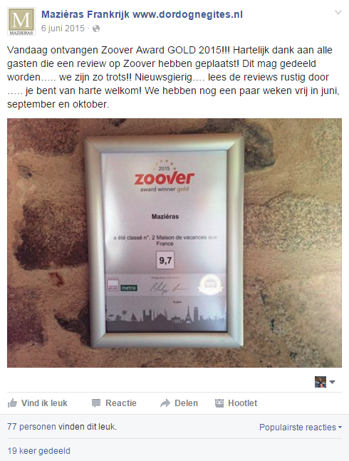 160103 Mazieras Zoover Award gastenverblijf Frankrijk